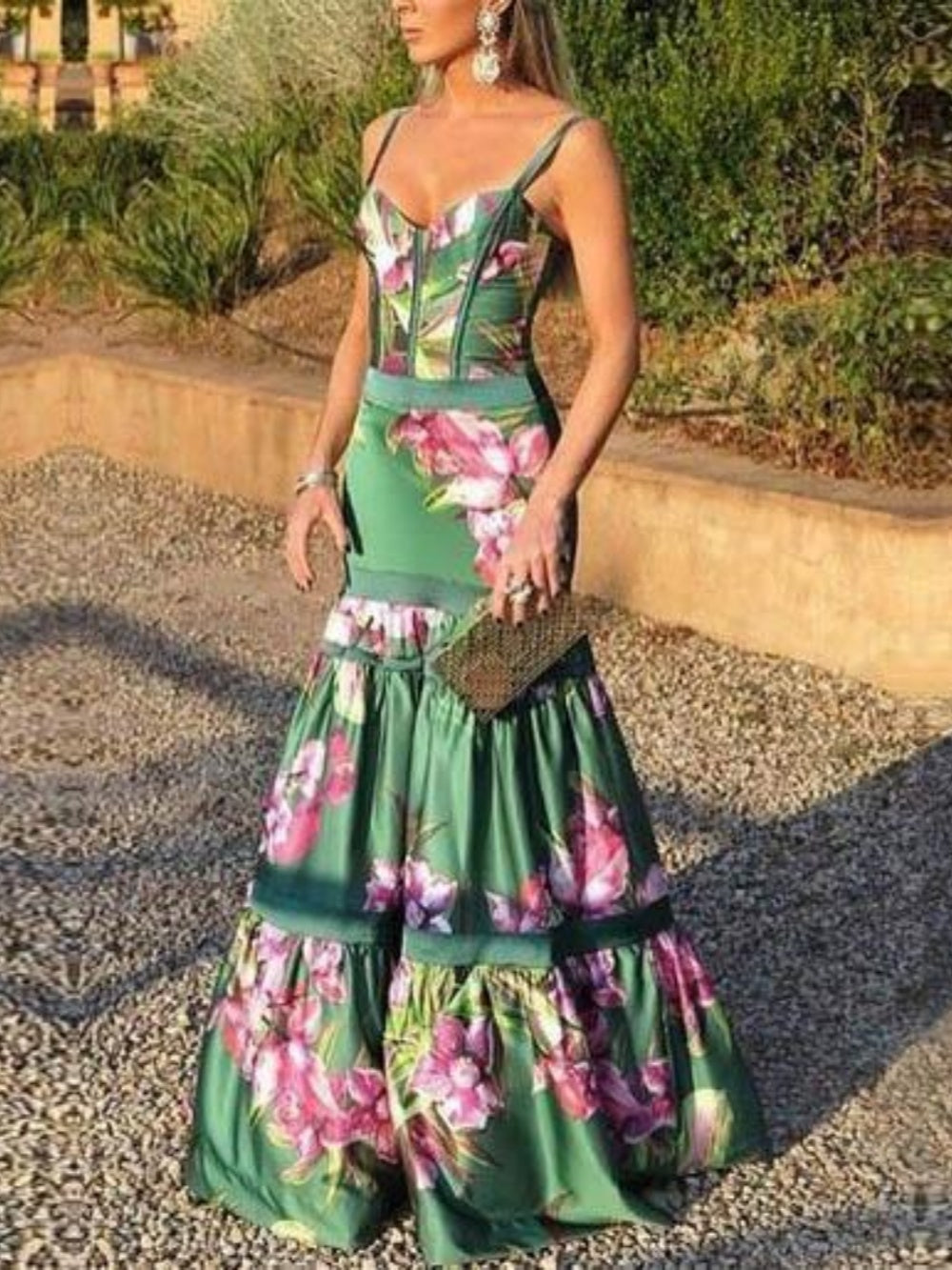 Timeless Maxi Satin Long Dress with Printed Panel and Back Straps