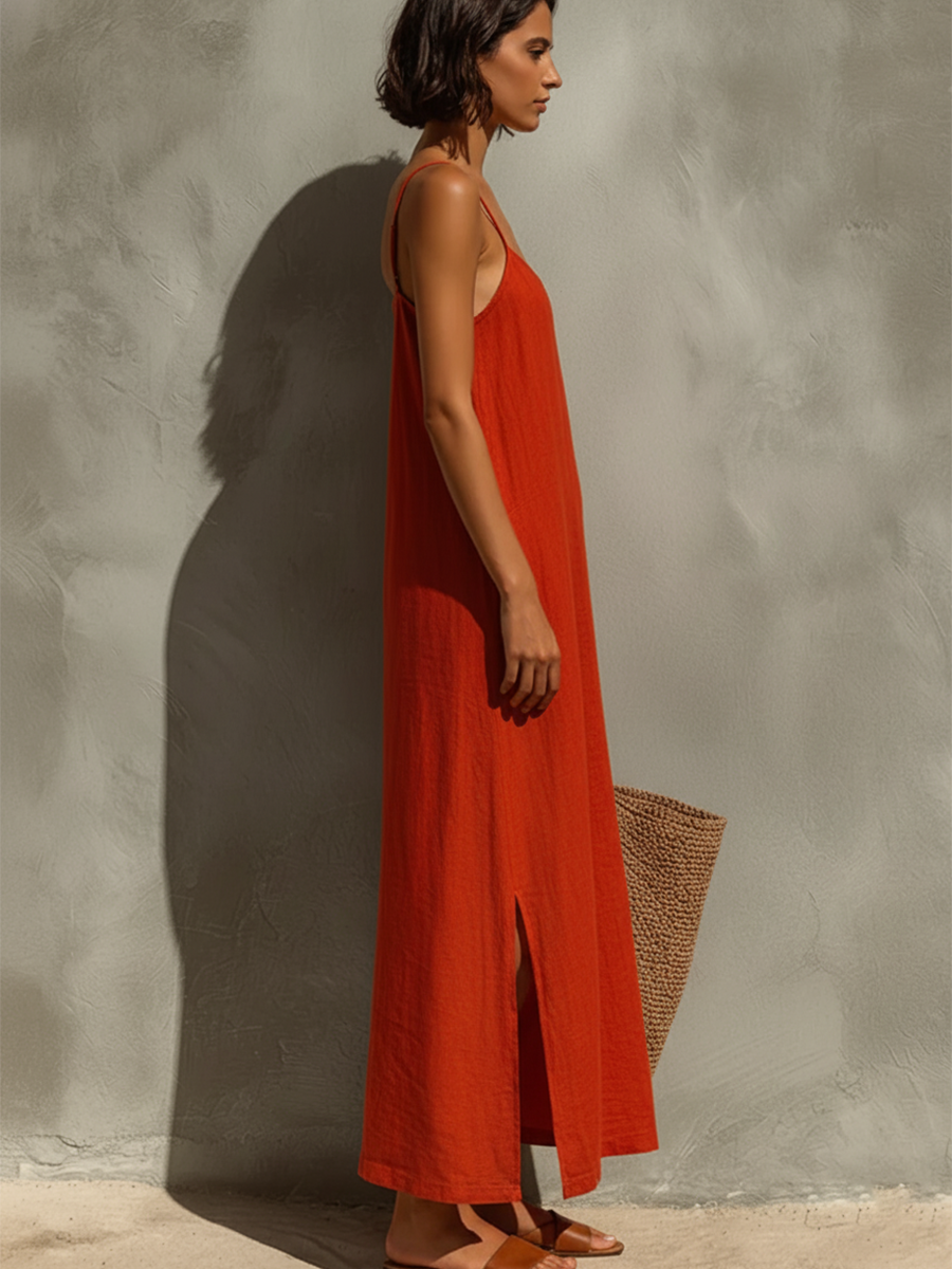 Red Linen Blend Spaghetti Strap Square Neck Maxi Dress