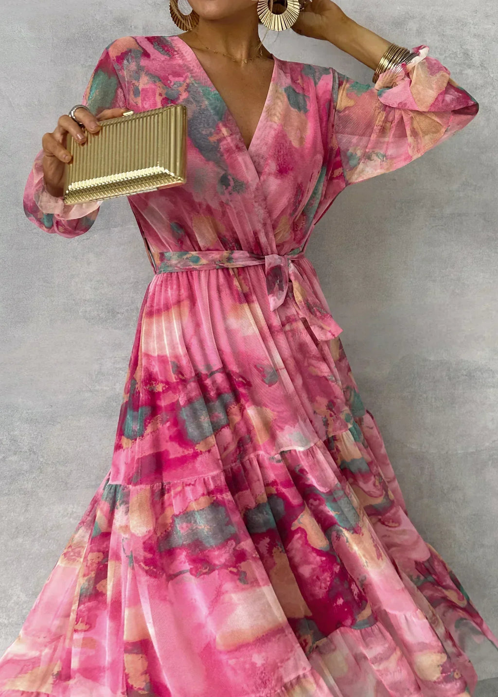 Women's Flowing Pleated Floral Maxi Dress with Belt