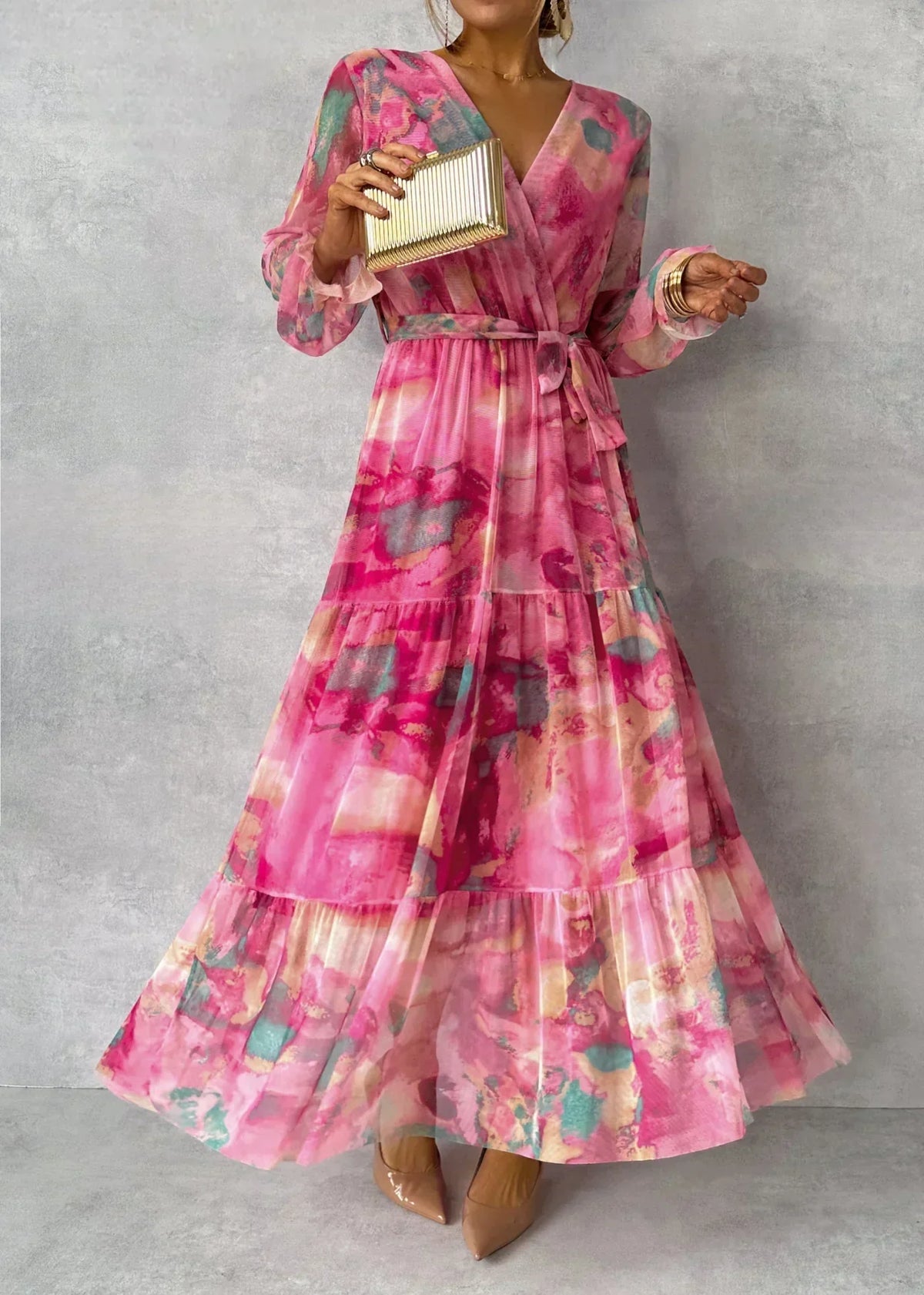 Women's Flowing Pleated Floral Maxi Dress with Belt
