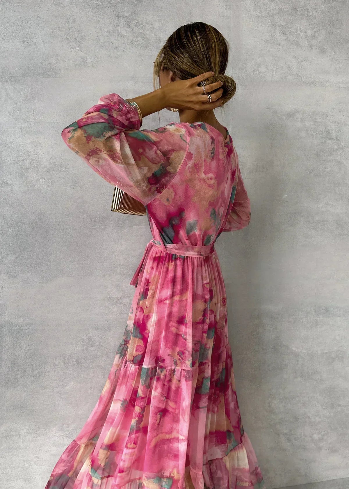 Women's Flowing Pleated Floral Maxi Dress with Belt