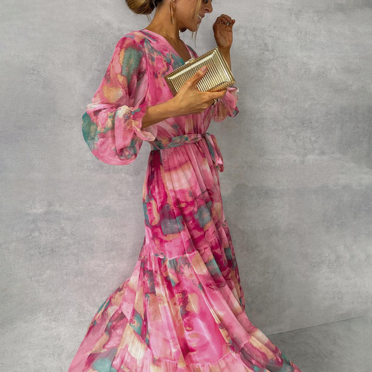 Women's Flowing Pleated Floral Maxi Dress with Belt
