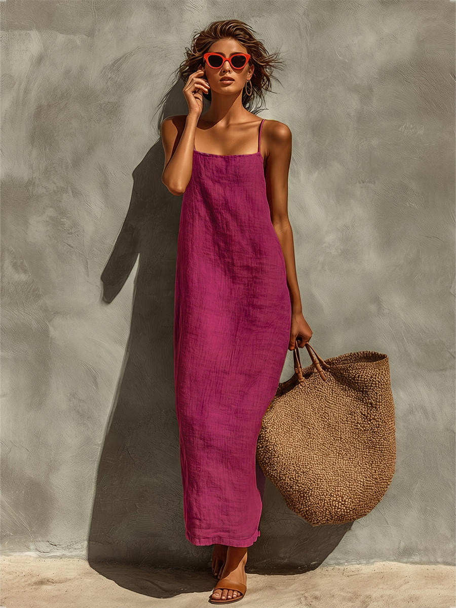 Red Linen Blend Spaghetti Strap Square Neck Maxi Dress