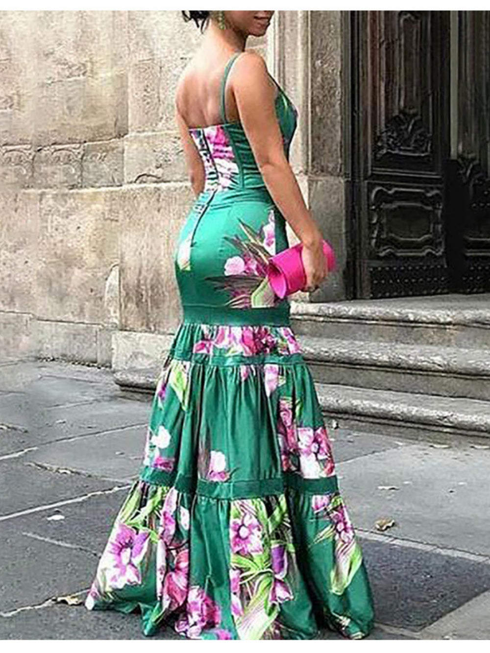 Timeless Maxi Satin Long Dress with Printed Panel and Back Straps