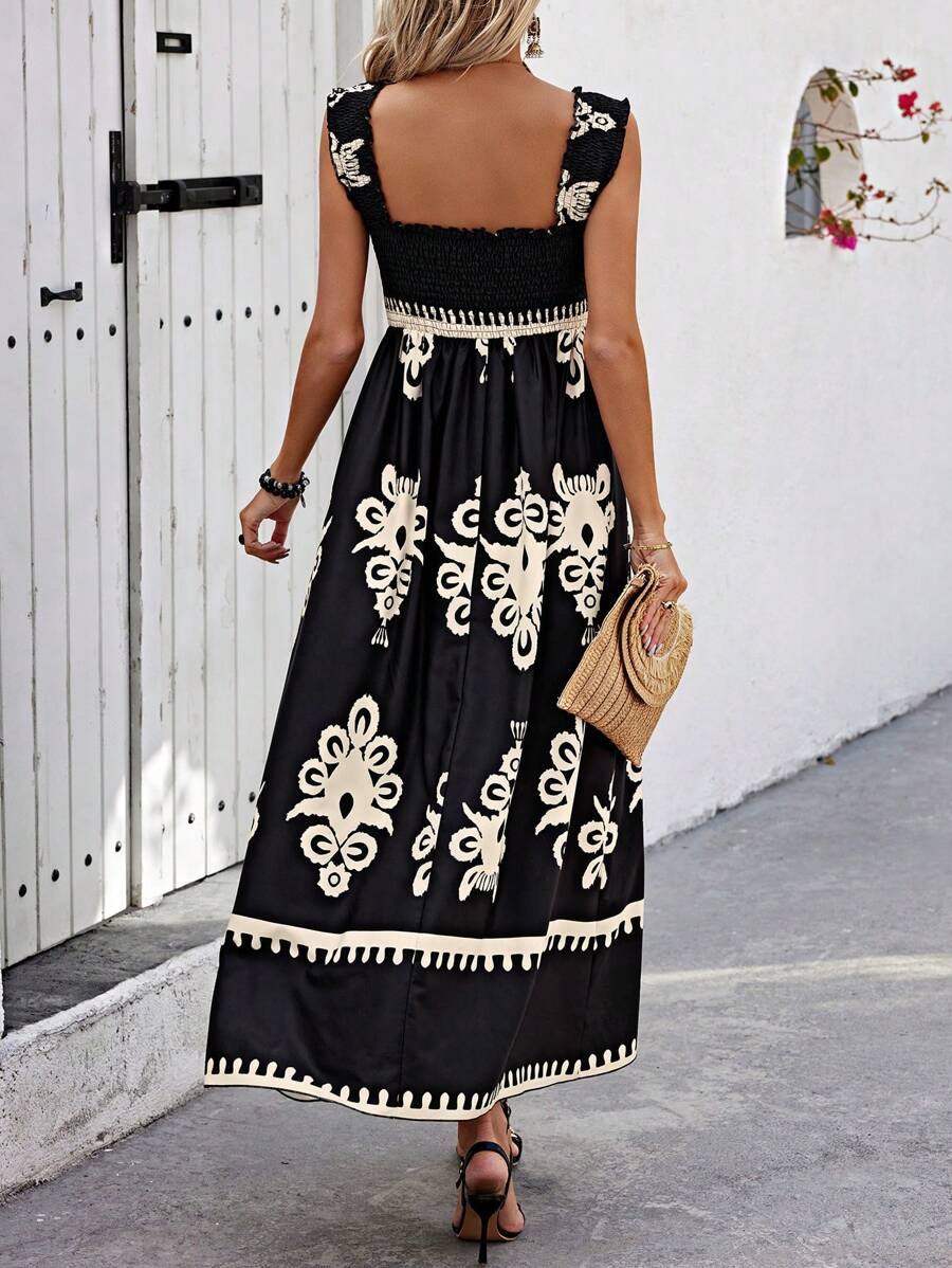 Valentina - Chic Square Neck Sleeveless Printed Beach Dress