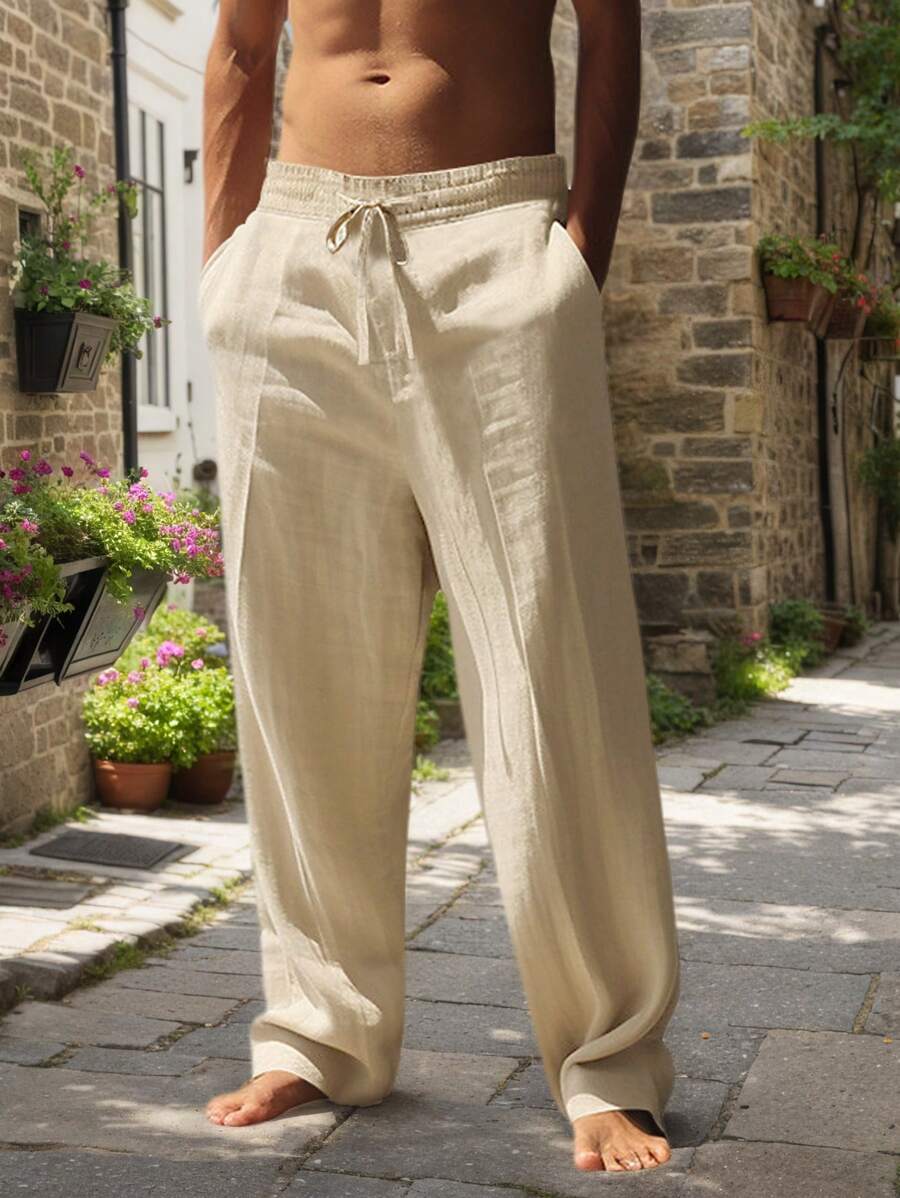 Men's Relaxed Fit Linen Pants - Drawstring Waist, Lightweight
