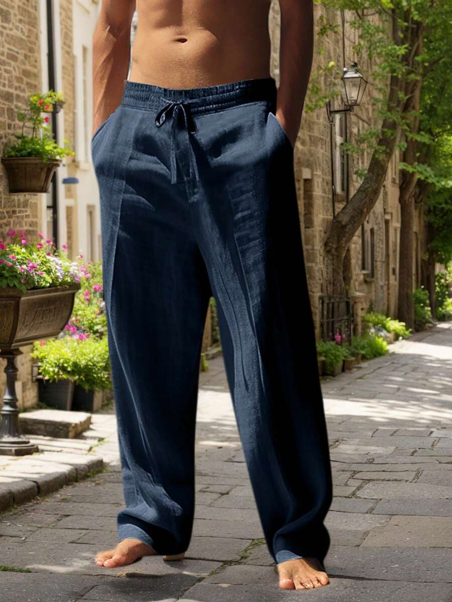Men's Relaxed Fit Linen Pants - Drawstring Waist, Lightweight