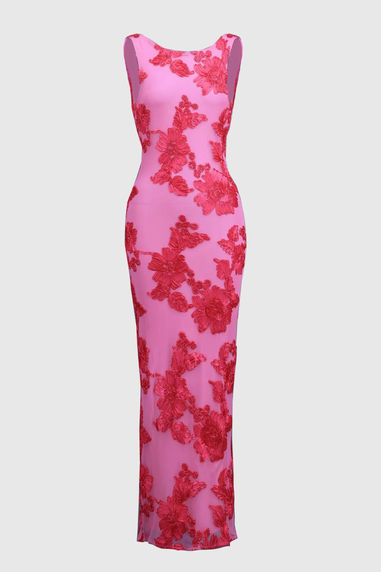 Women's Pink Floral Embroidered Maxi Dress - Bodycon Sleeveless Formal