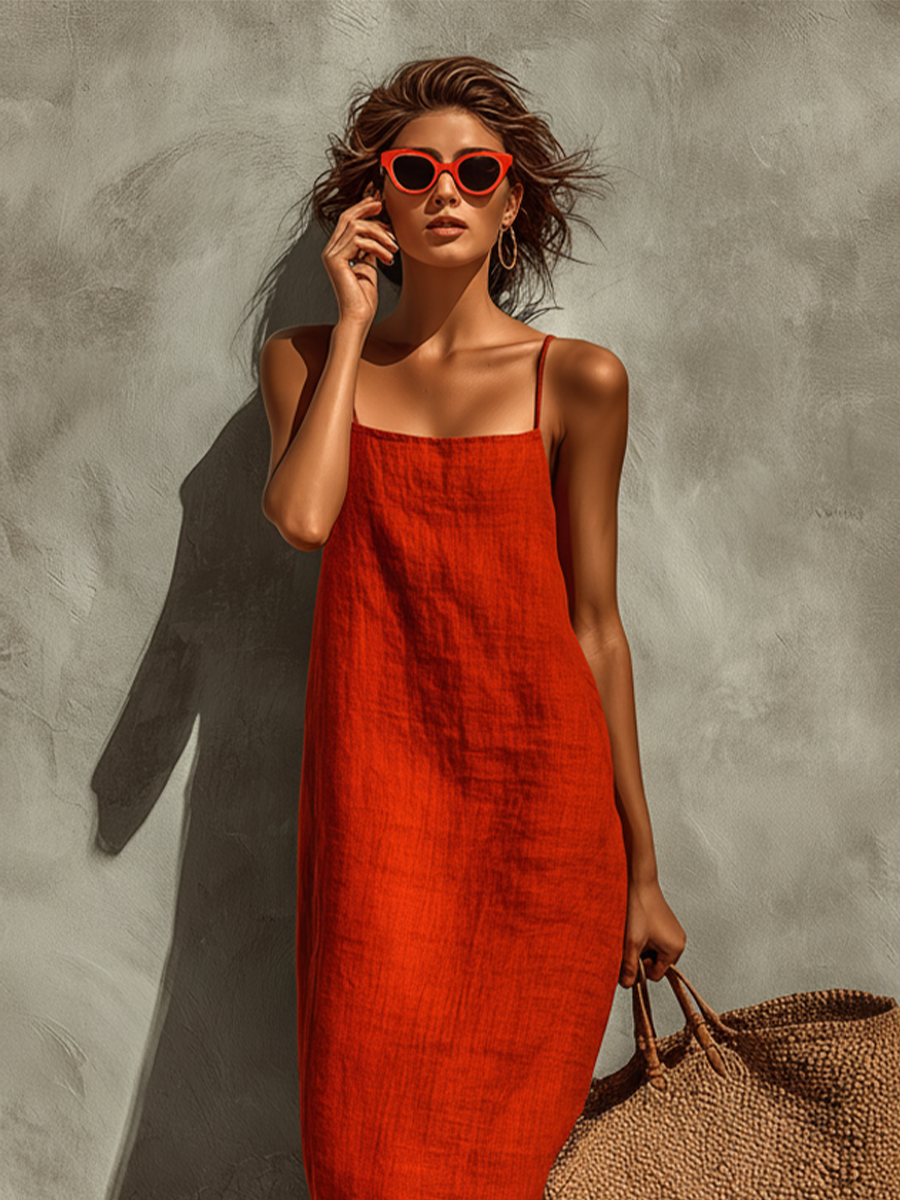 Red Linen Blend Spaghetti Strap Square Neck Maxi Dress