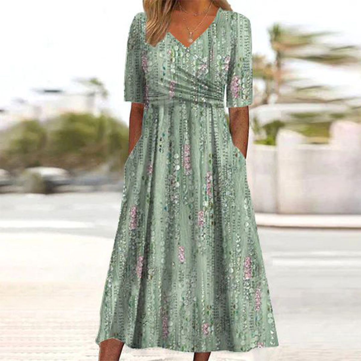 Pristine - Floral Print High-Waist A-Line Dress