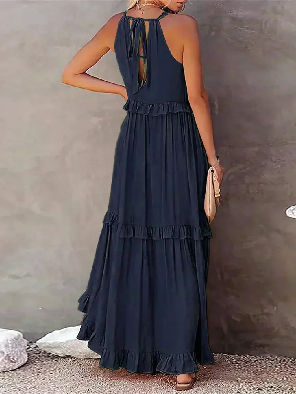 Delilah - Elegant Halter Neck Ruffle Trim Dress
