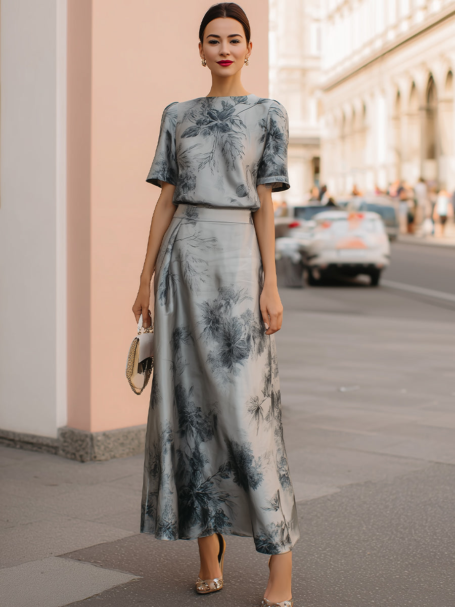 Ethereal Silver-Grey Floral Printed Two-Piece Maxi Set