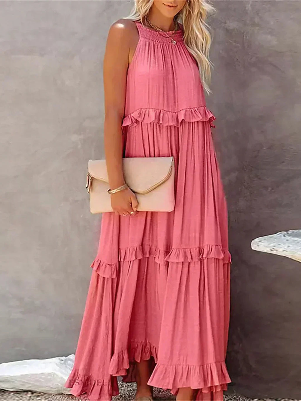 Delilah - Elegant Halter Neck Ruffle Trim Dress