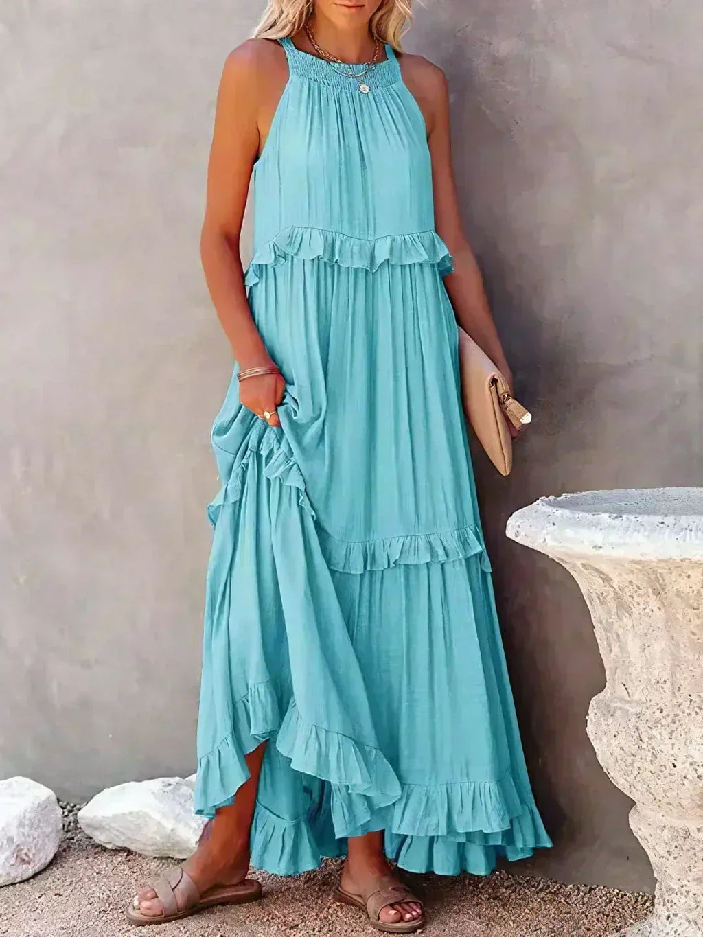 Delilah - Elegant Halter Neck Ruffle Trim Dress