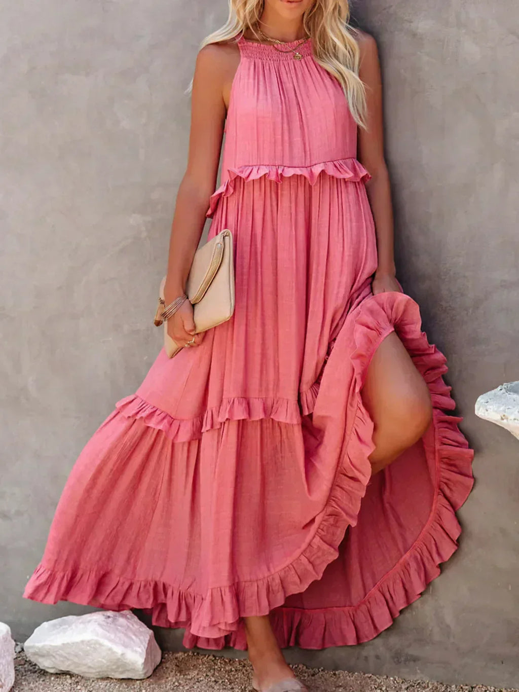 Delilah - Elegant Halter Neck Ruffle Trim Dress