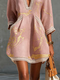 Pink Gold Printed V-neck Crochet Lace Mini Dress