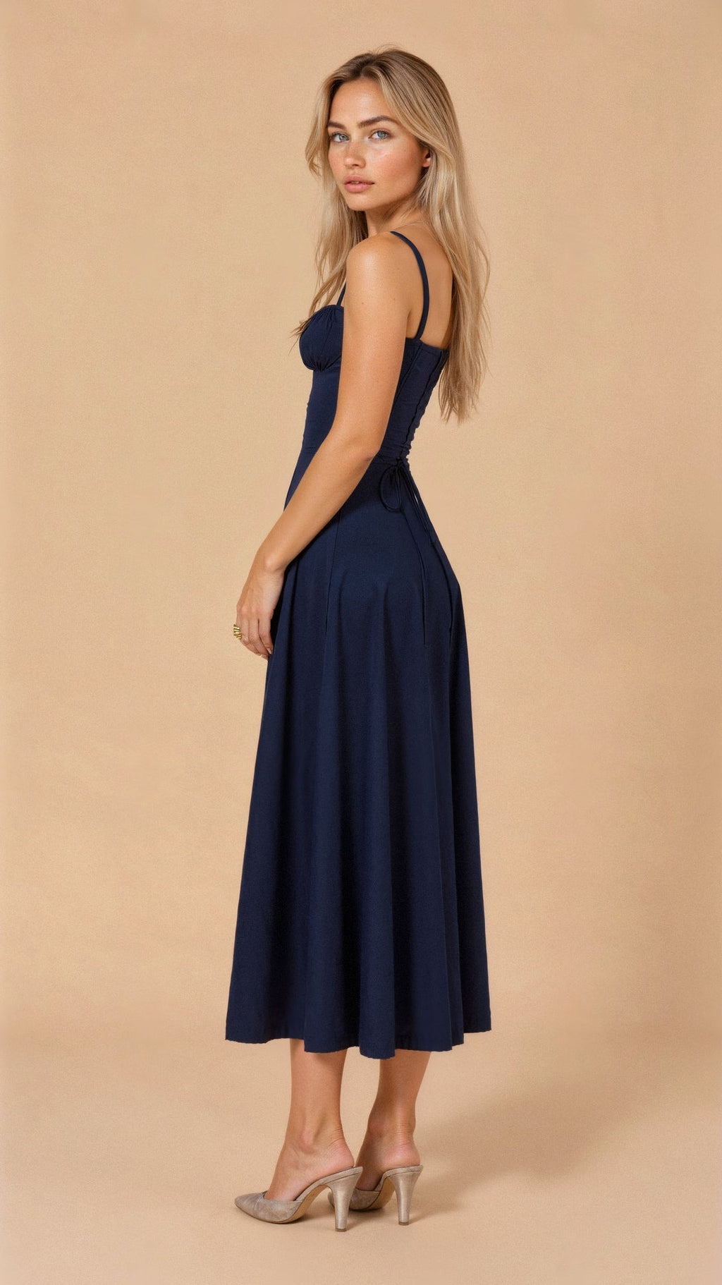 Corset Midi Dress – Tailored Waist and Flowing Skirt