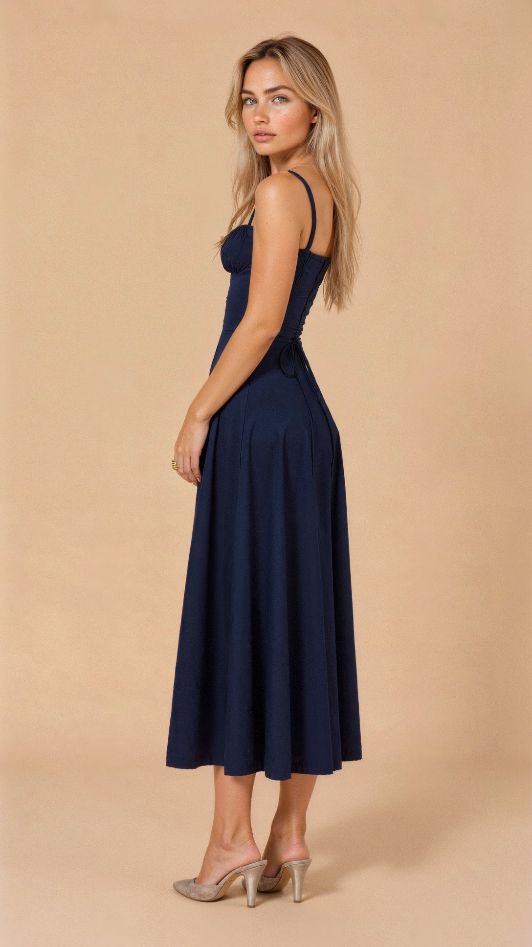 Corset Midi Dress – Tailored Waist and Flowing Skirt