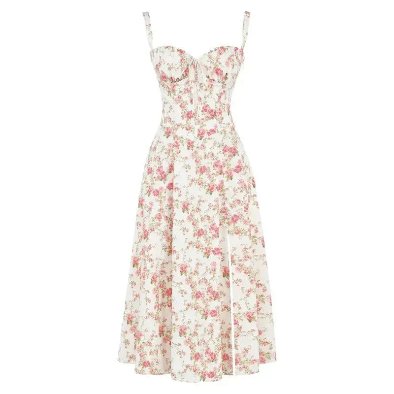 Corset Midi Dress – Tailored Waist and Flowing Skirt