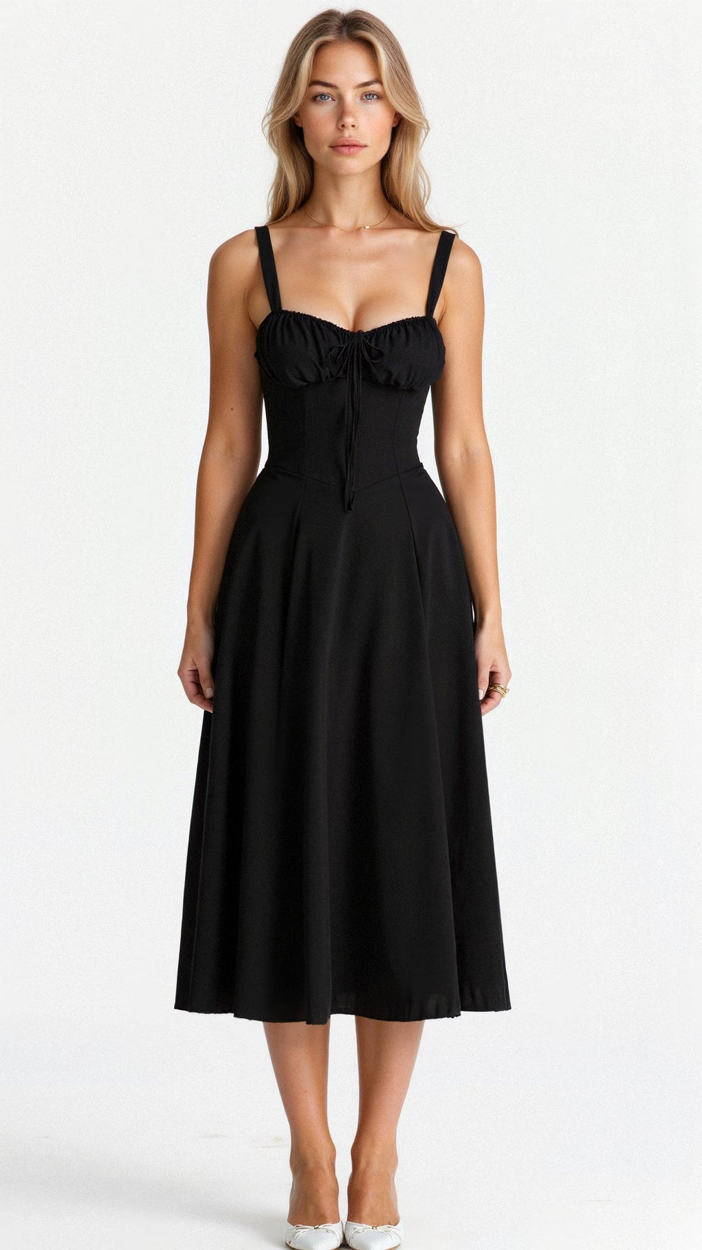 Corset Midi Dress – Tailored Waist and Flowing Skirt
