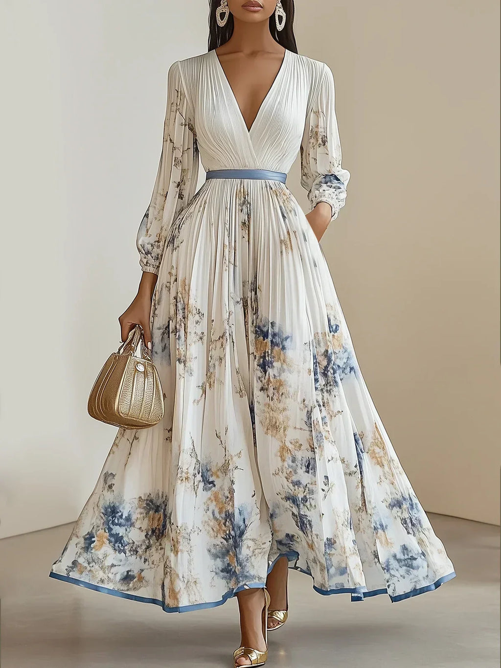 Halston - Elegant V-Neck Puff Sleeves Maxi Dress