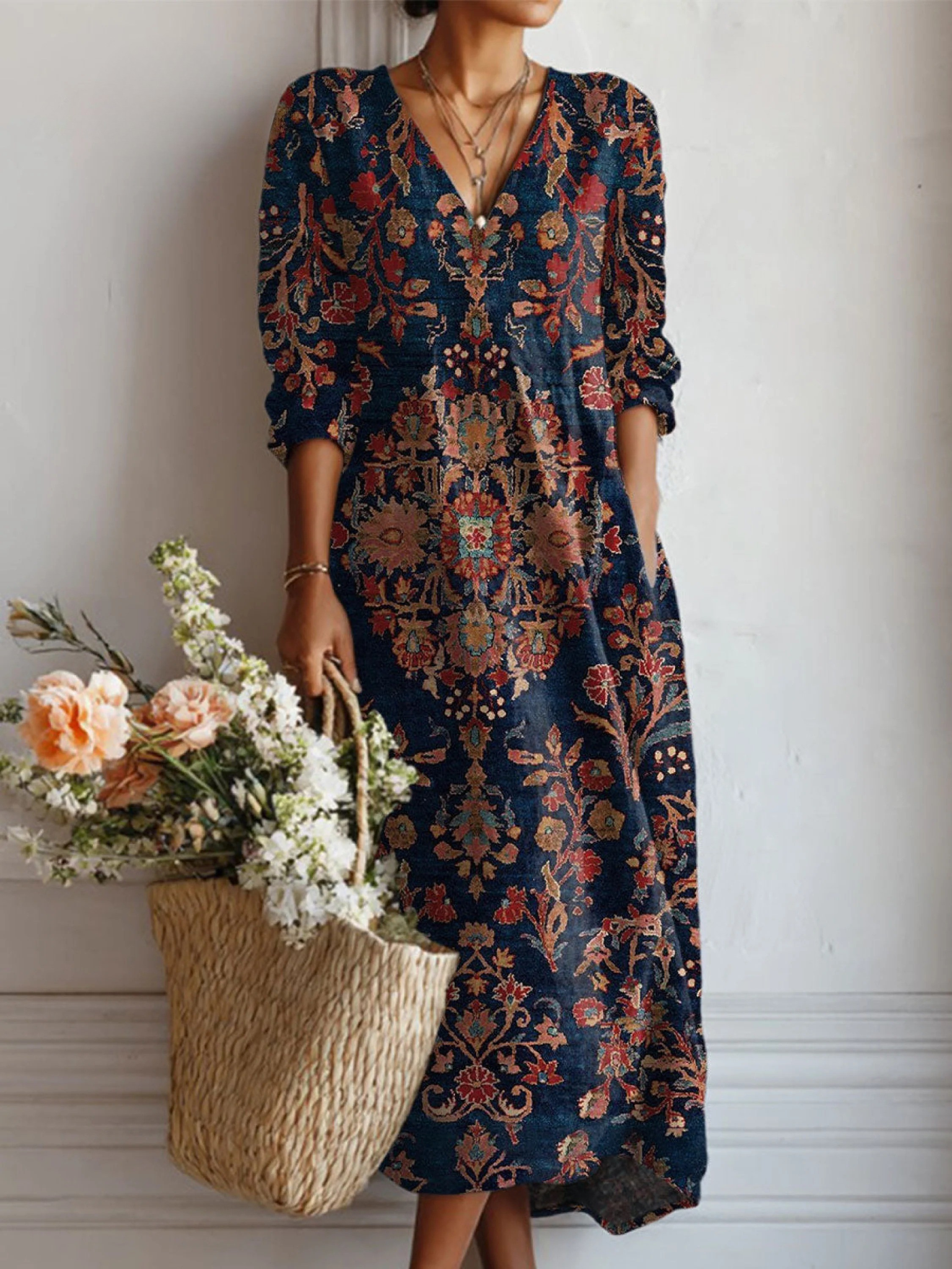 Women's Vintage Flower Art Print Linen Pocket Tunic Dress