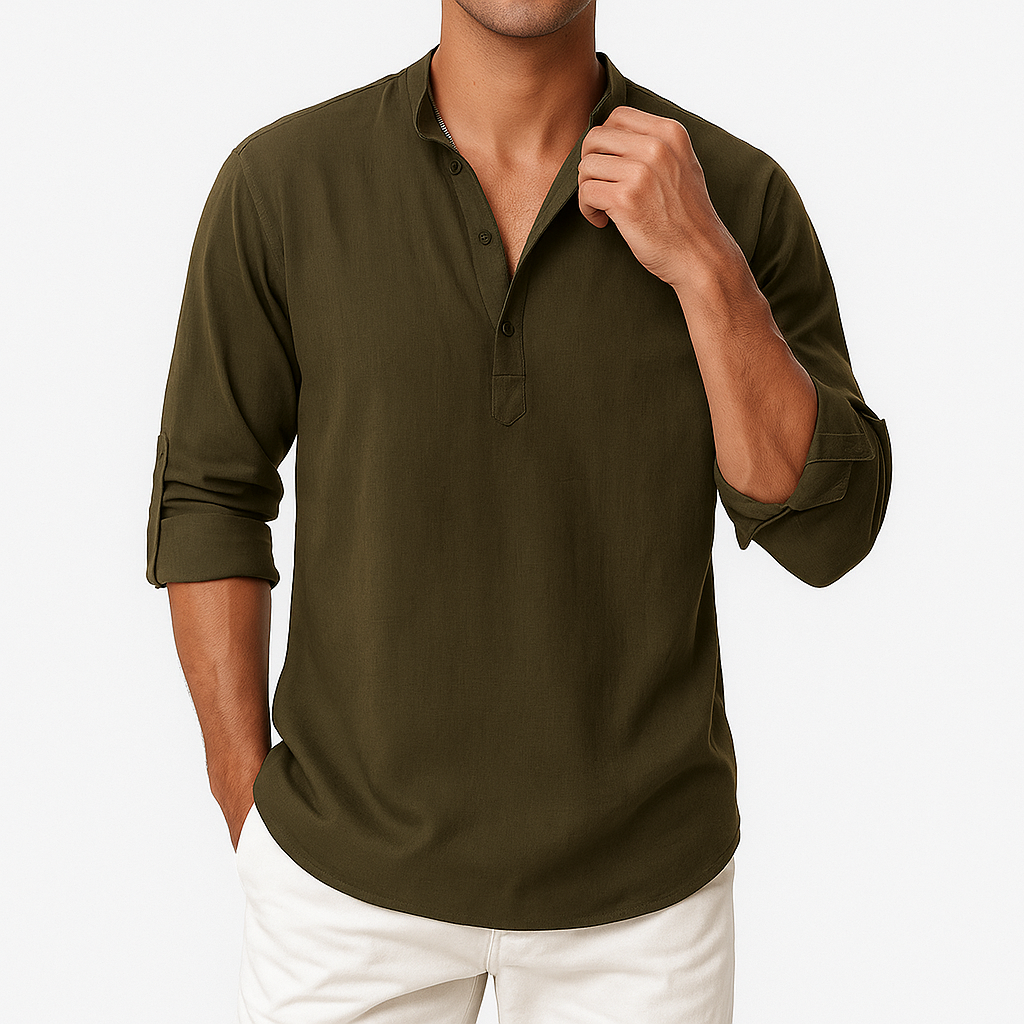Men's Cotton-Linen Blend Shirt - Long Sleeve, Lightweight