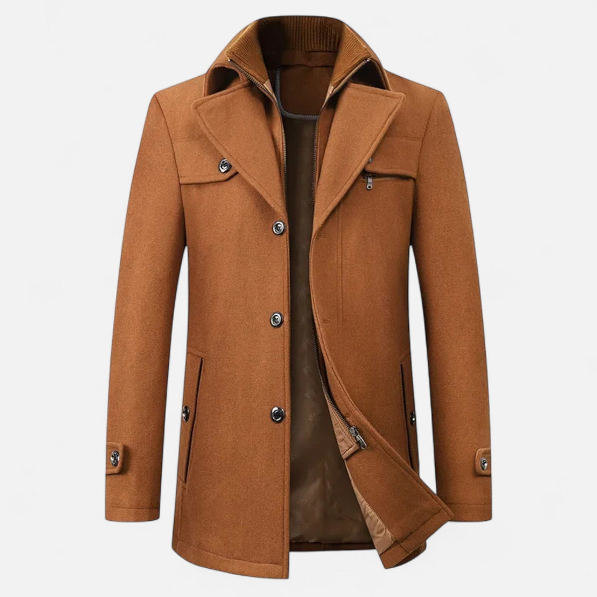 Men's Mid-Length Wool Trench Coat with Double Collar and Zip Closure