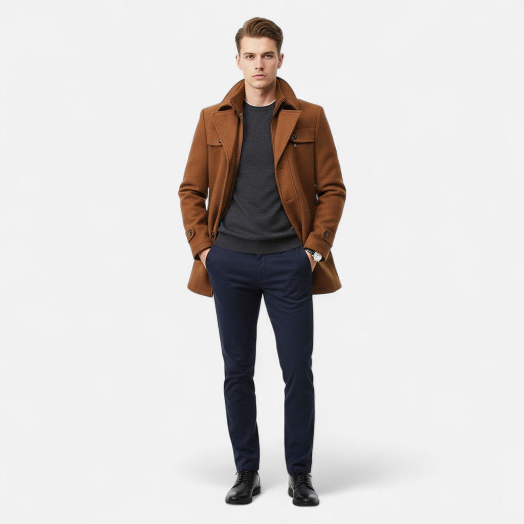 Men's Mid-Length Wool Trench Coat with Double Collar and Zip Closure