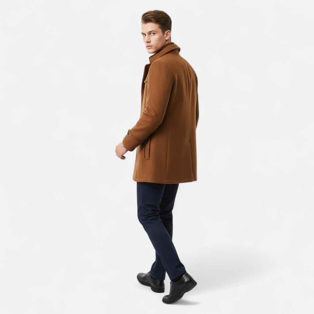 Men's Mid-Length Wool Trench Coat with Double Collar and Zip Closure