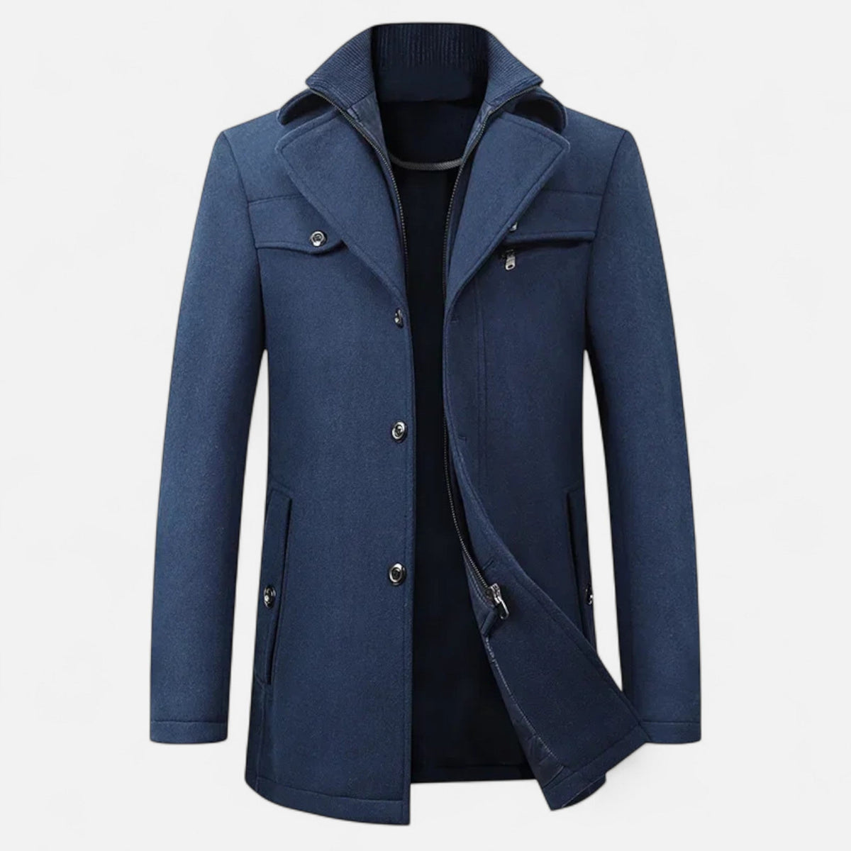Men's Mid-Length Wool Trench Coat with Double Collar and Zip Closure