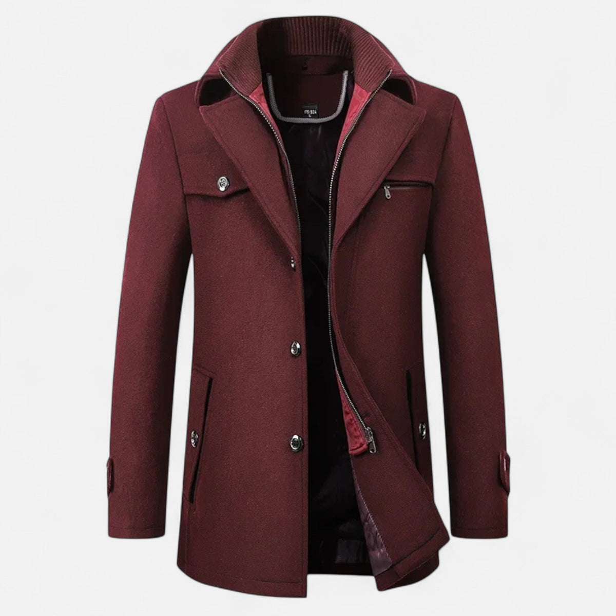 Men's Mid-Length Wool Trench Coat with Double Collar and Zip Closure