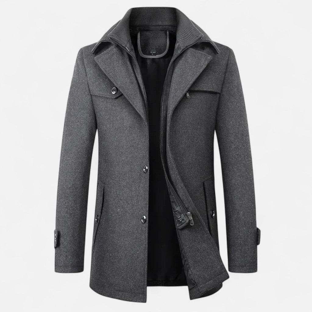 Men's Mid-Length Wool Trench Coat with Double Collar and Zip Closure