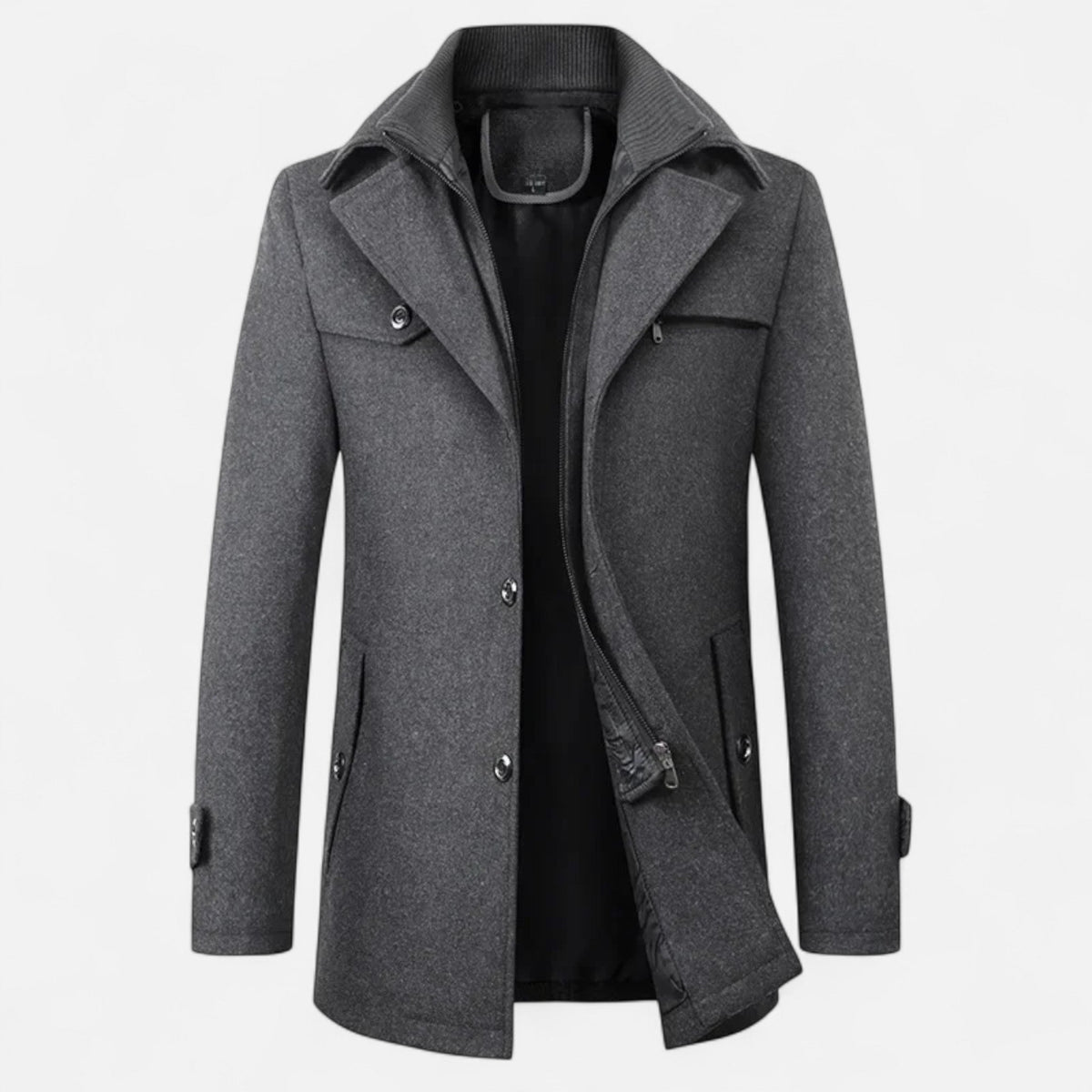 Men's Mid-Length Wool Trench Coat with Double Collar and Zip Closure