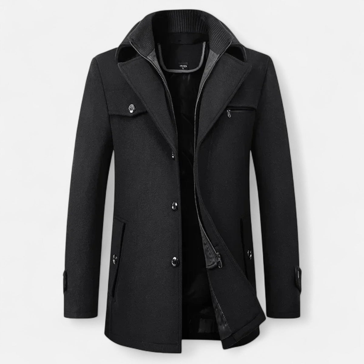Men's Mid-Length Wool Trench Coat with Double Collar and Zip Closure