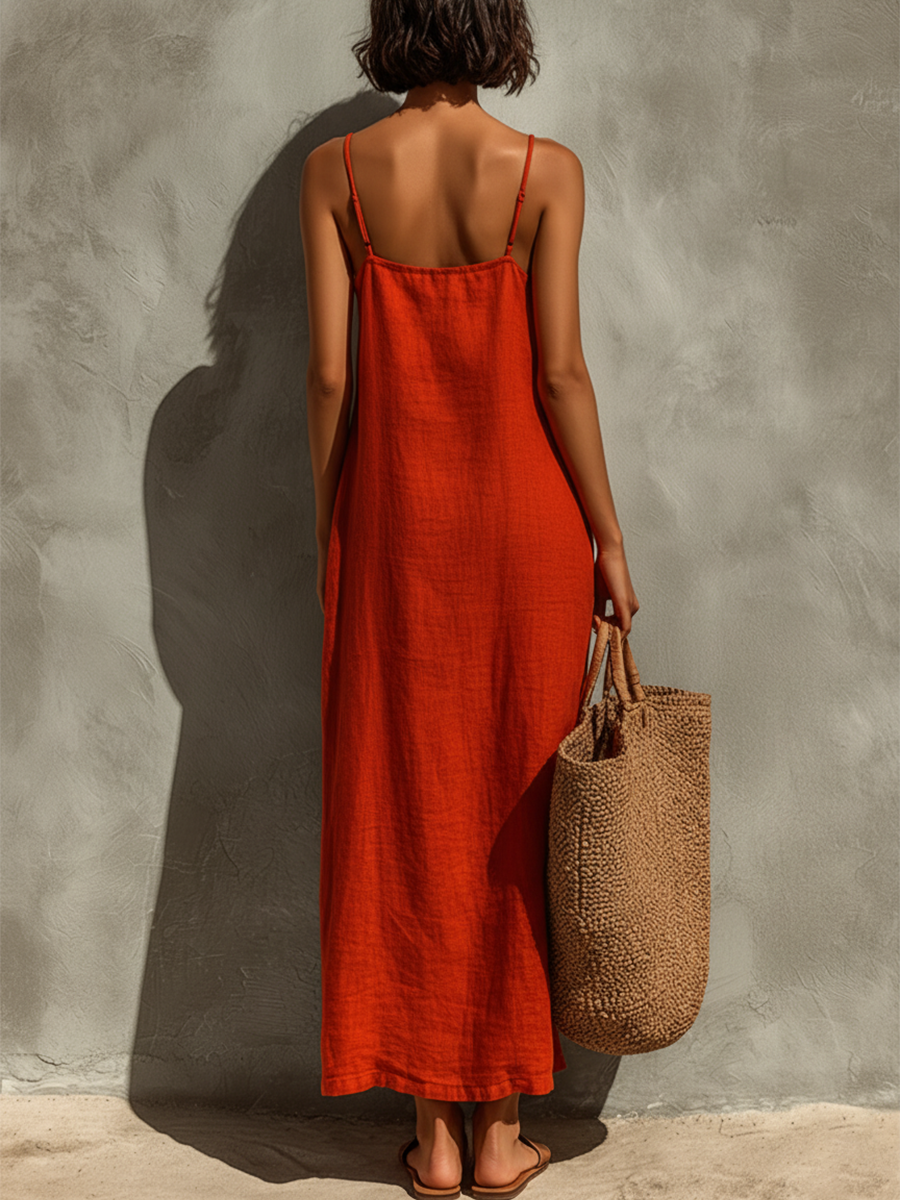 Red Linen Blend Spaghetti Strap Square Neck Maxi Dress