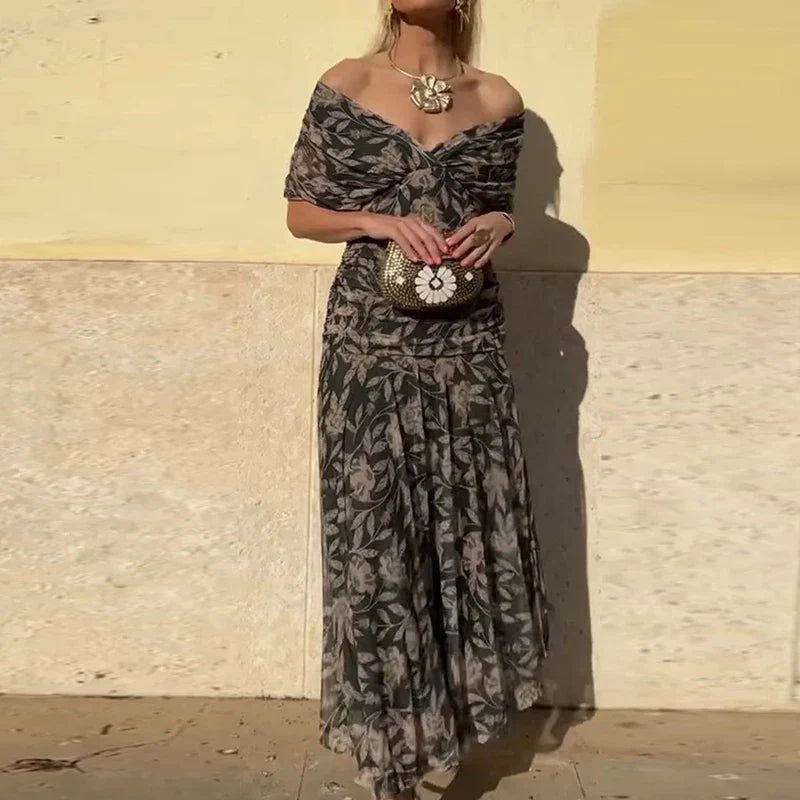 Women's Floral Maxi Dress for Wedding Guests with Off-the-Shoulder Neckline and Ruched Waist
