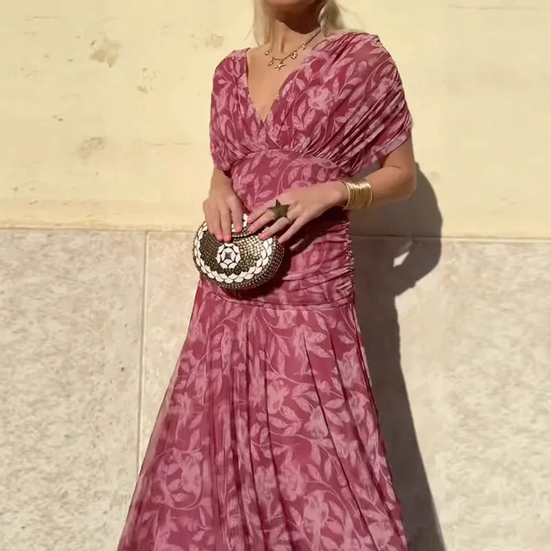 Women's Floral Maxi Dress for Wedding Guests with Off-the-Shoulder Neckline and Ruched Waist