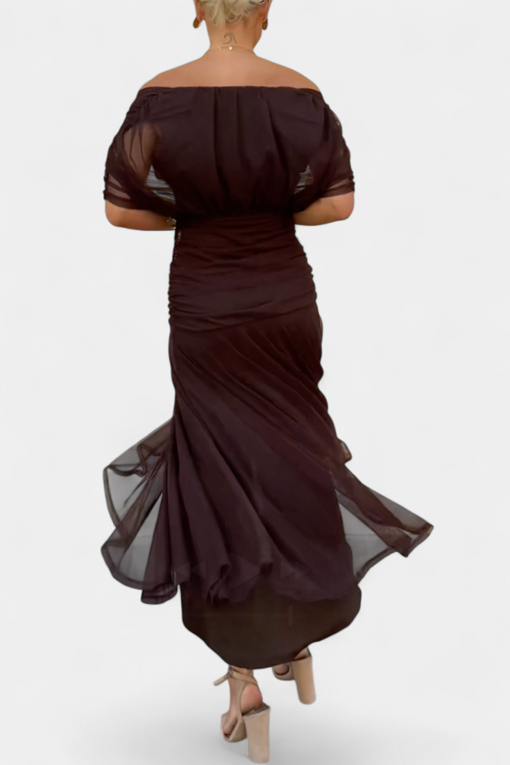 Women's Floral Maxi Dress for Wedding Guests with Off-the-Shoulder Neckline and Ruched Waist