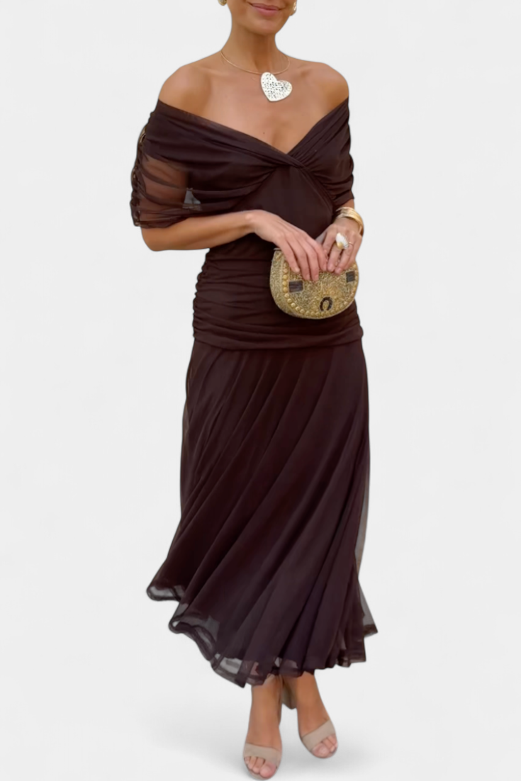Women's Floral Maxi Dress for Wedding Guests with Off-the-Shoulder Neckline and Ruched Waist