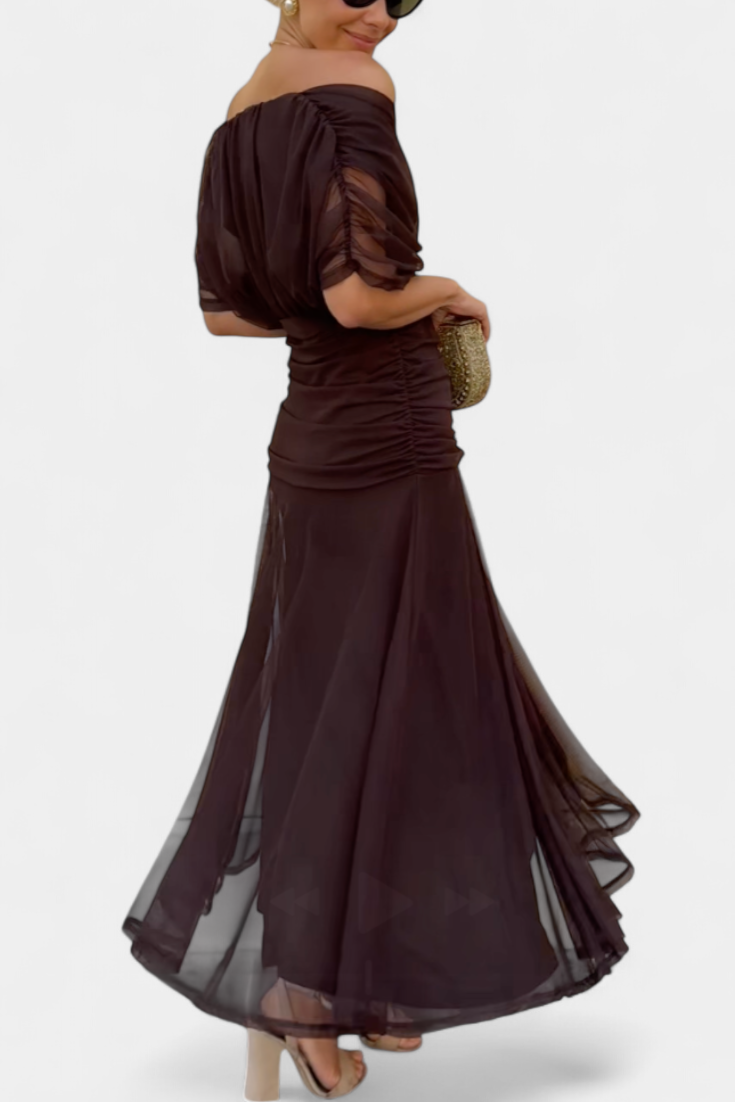 Women's Floral Maxi Dress for Wedding Guests with Off-the-Shoulder Neckline and Ruched Waist
