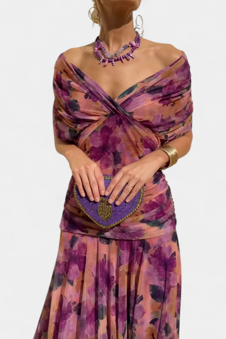 Women's Floral Maxi Dress for Wedding Guests with Off-the-Shoulder Neckline and Ruched Waist