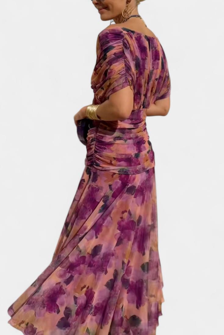 Women's Floral Maxi Dress for Wedding Guests with Off-the-Shoulder Neckline and Ruched Waist