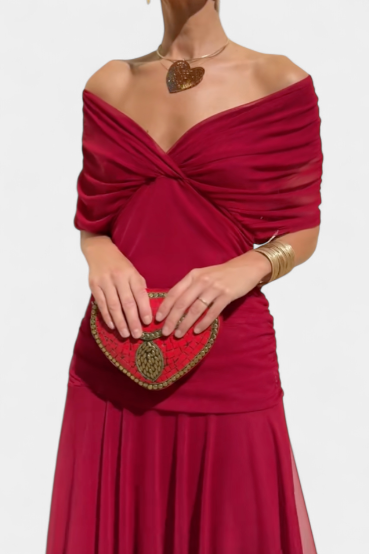 Women's Floral Maxi Dress for Wedding Guests with Off-the-Shoulder Neckline and Ruched Waist