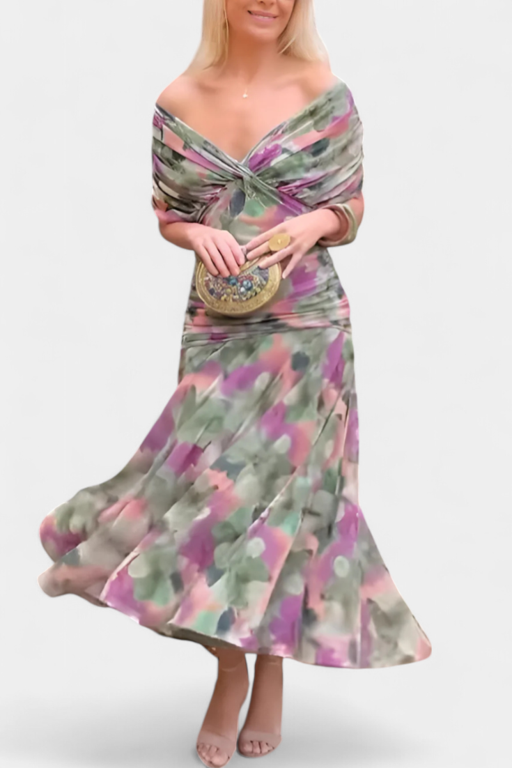 Women's Floral Maxi Dress for Wedding Guests with Off-the-Shoulder Neckline and Ruched Waist
