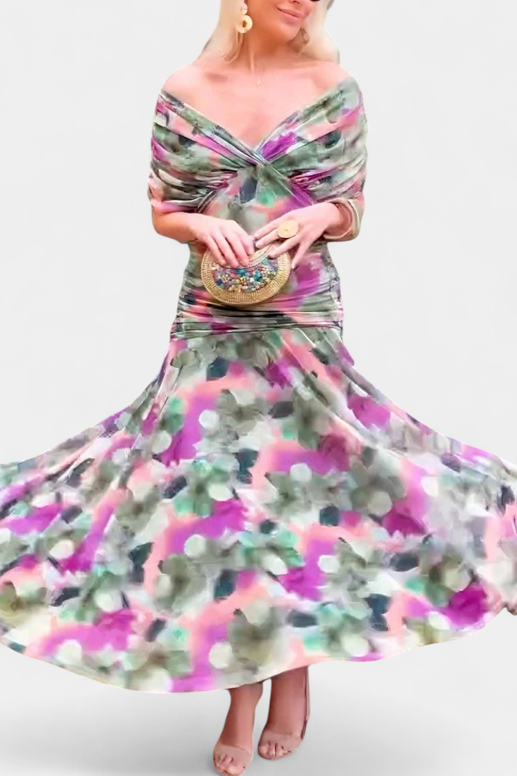 Women's Floral Maxi Dress for Wedding Guests with Off-the-Shoulder Neckline and Ruched Waist