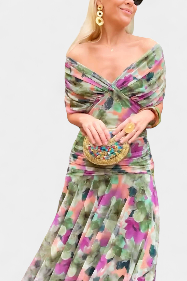 Women's Floral Maxi Dress for Wedding Guests with Off-the-Shoulder Neckline and Ruched Waist