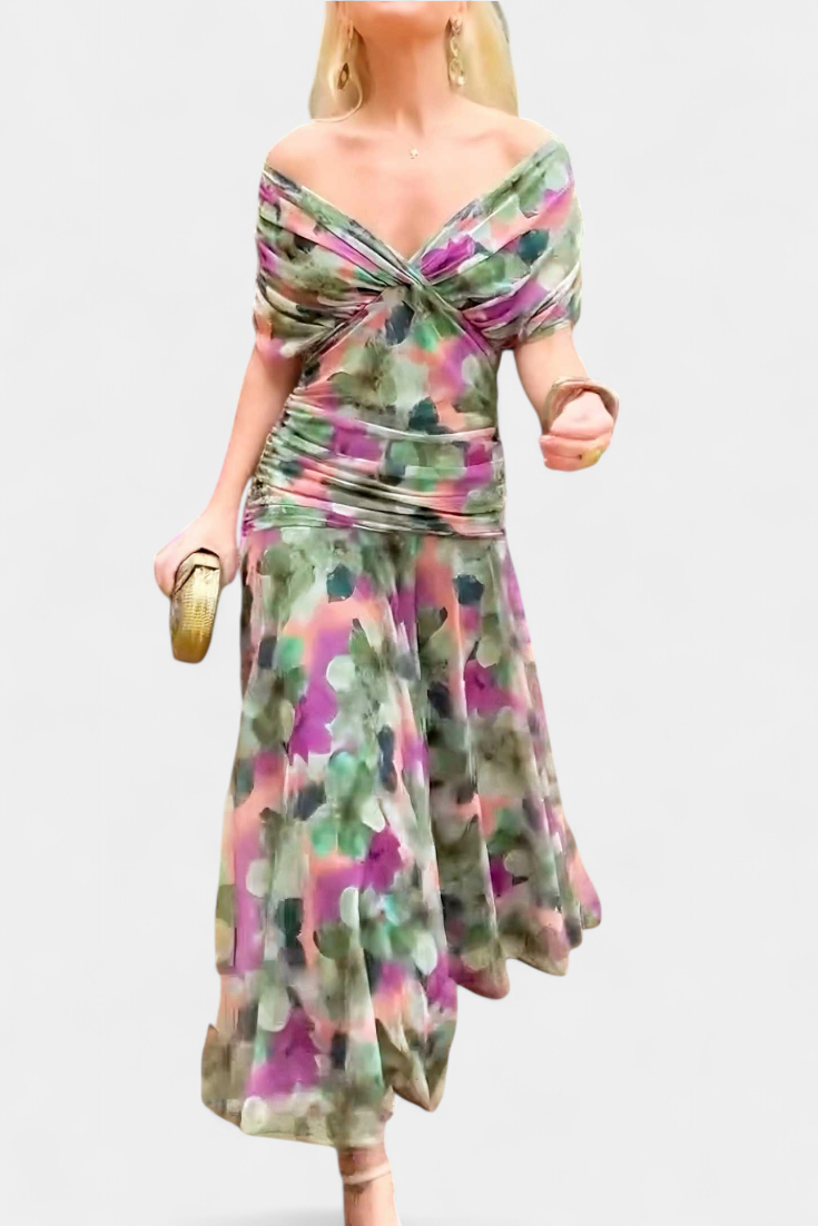 Women's Floral Maxi Dress for Wedding Guests with Off-the-Shoulder Neckline and Ruched Waist