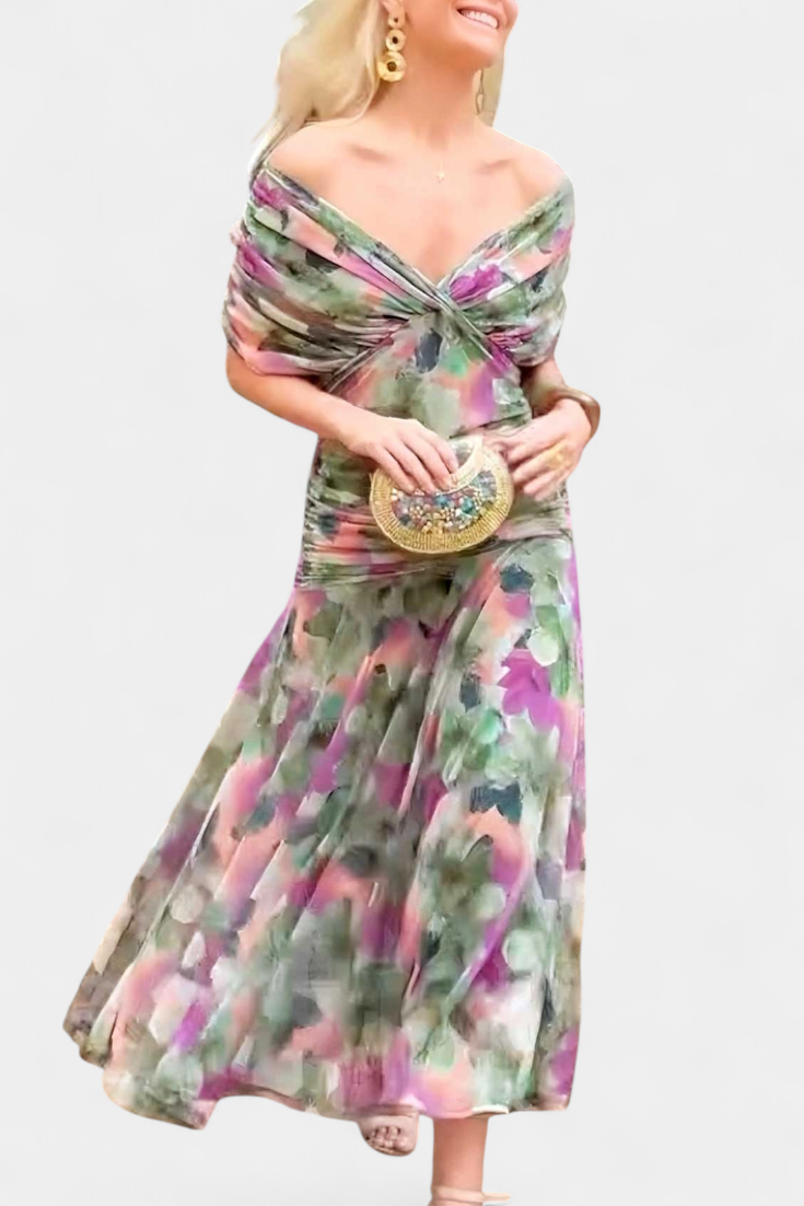 Women's Floral Maxi Dress for Wedding Guests with Off-the-Shoulder Neckline and Ruched Waist