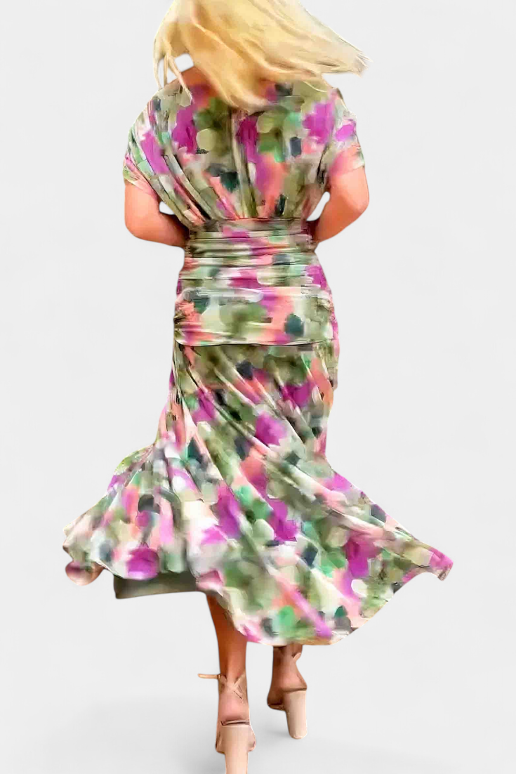 Women's Floral Maxi Dress for Wedding Guests with Off-the-Shoulder Neckline and Ruched Waist